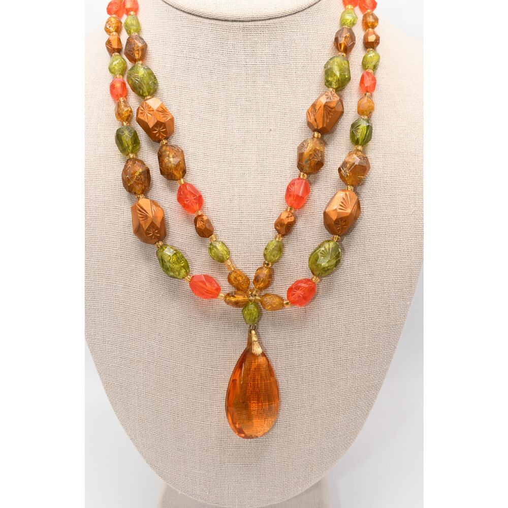 Vintage Japan Lucite Bead Necklace Gold Glass Teardrop Pendant Autumn
